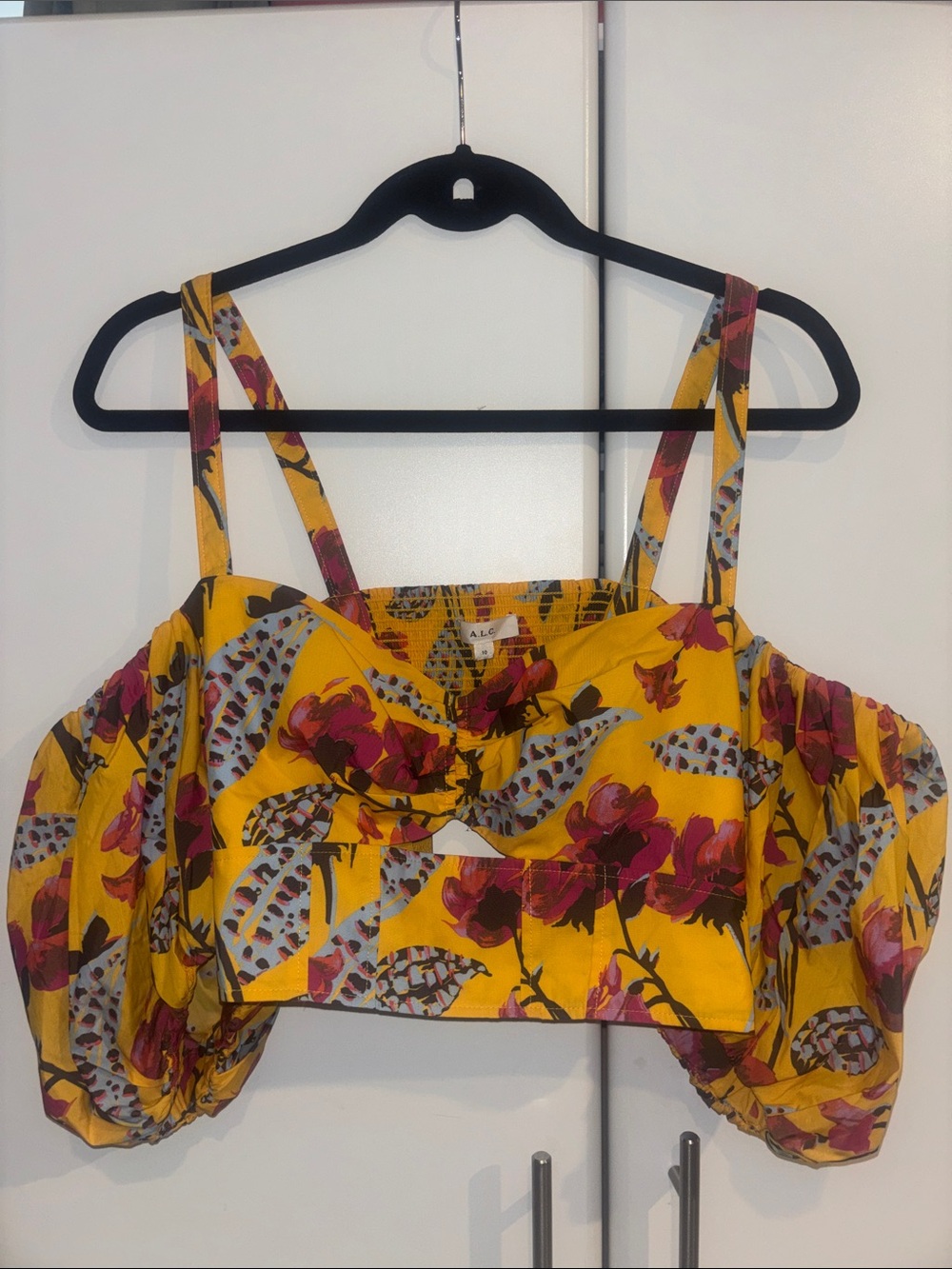 A.L.C. Yellow Floral Off-Shoulder Cropped Top with Pink Accents